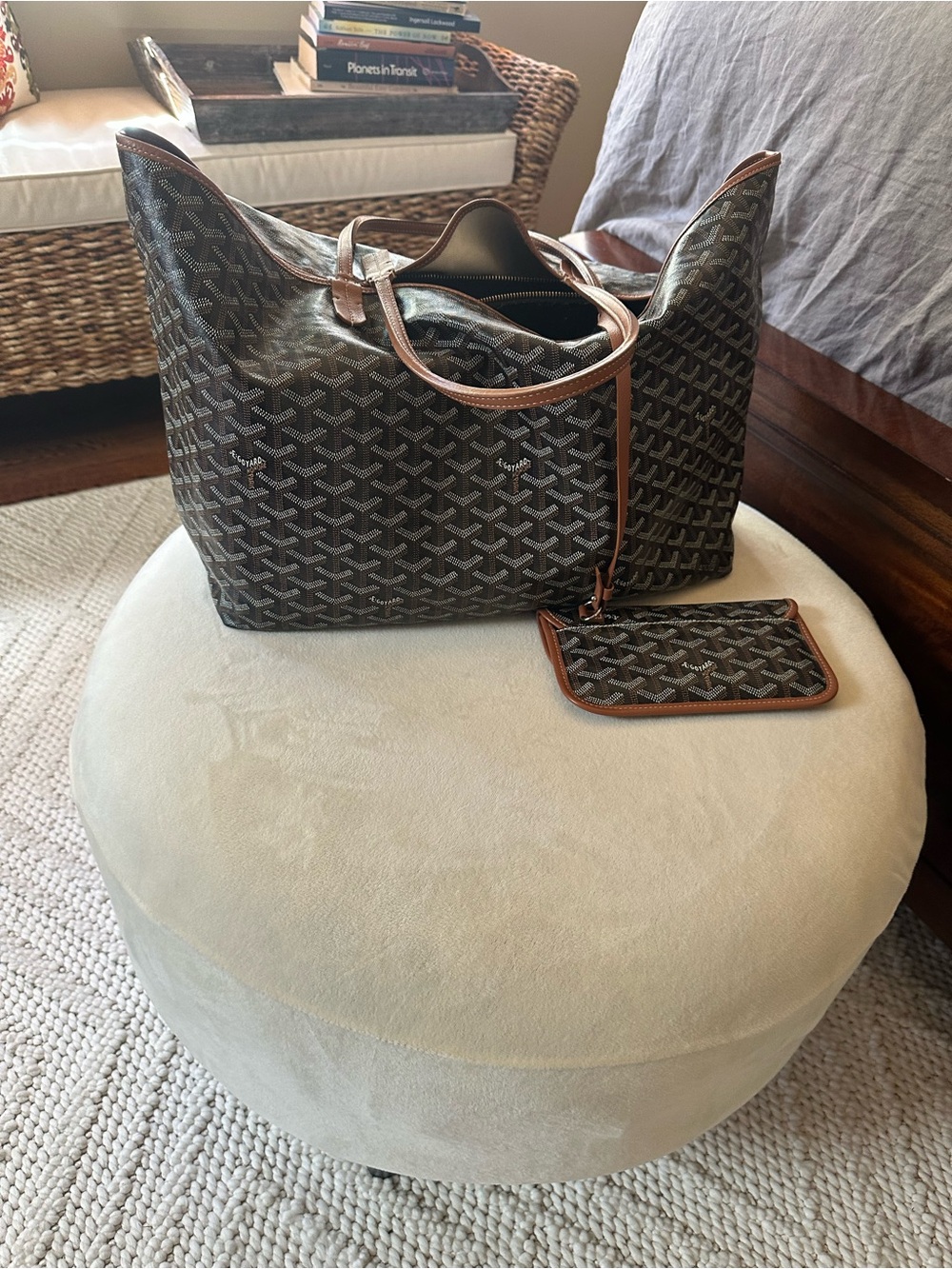 Authentic Goyard Leather-Trimmed Black & Brown Tote Bag with Pouch.  GM!